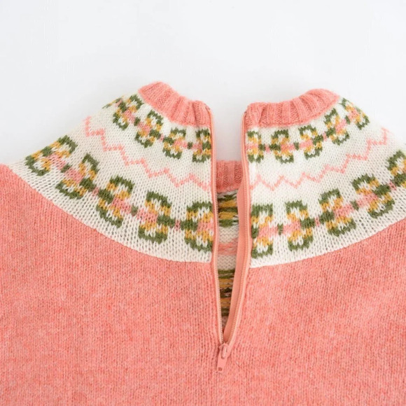 Handknit Handmade Coral Fair Isle Icelandic Fisherman  Knit Sweater - Picture 9 of 11